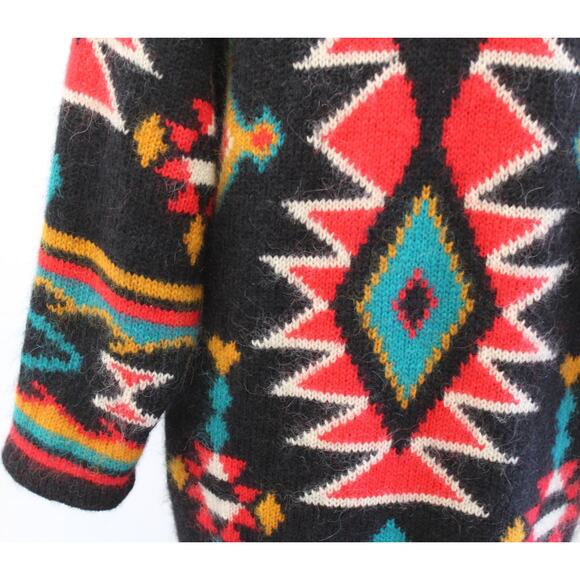 Vtg 90s Black Colorful Southwestern Knit Coatigan Sweater Coat Duster S Mohair - Picture 7 of 8